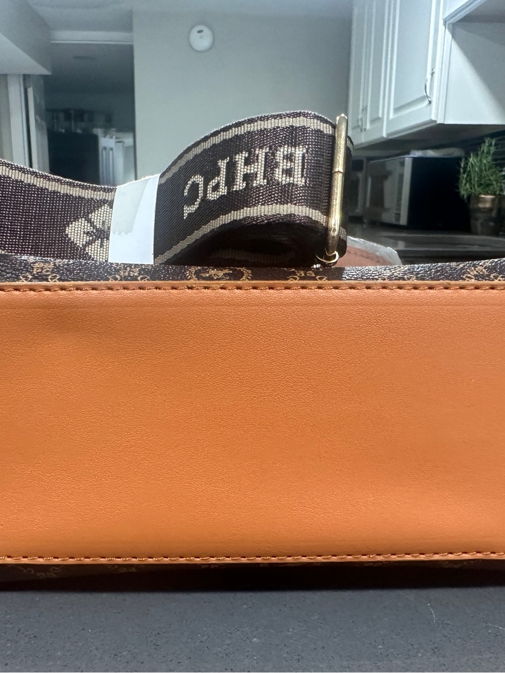 Brown Patterned Crossbody Bag with Tan Trim - Picture 6 of 7